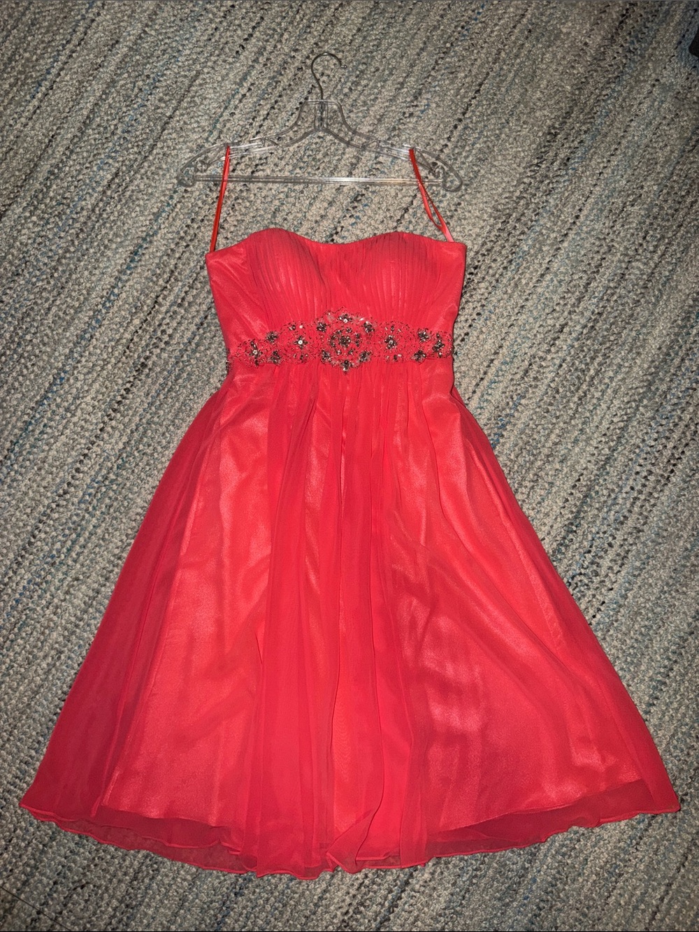 Strapless Coral Party Dress with Beaded Waist